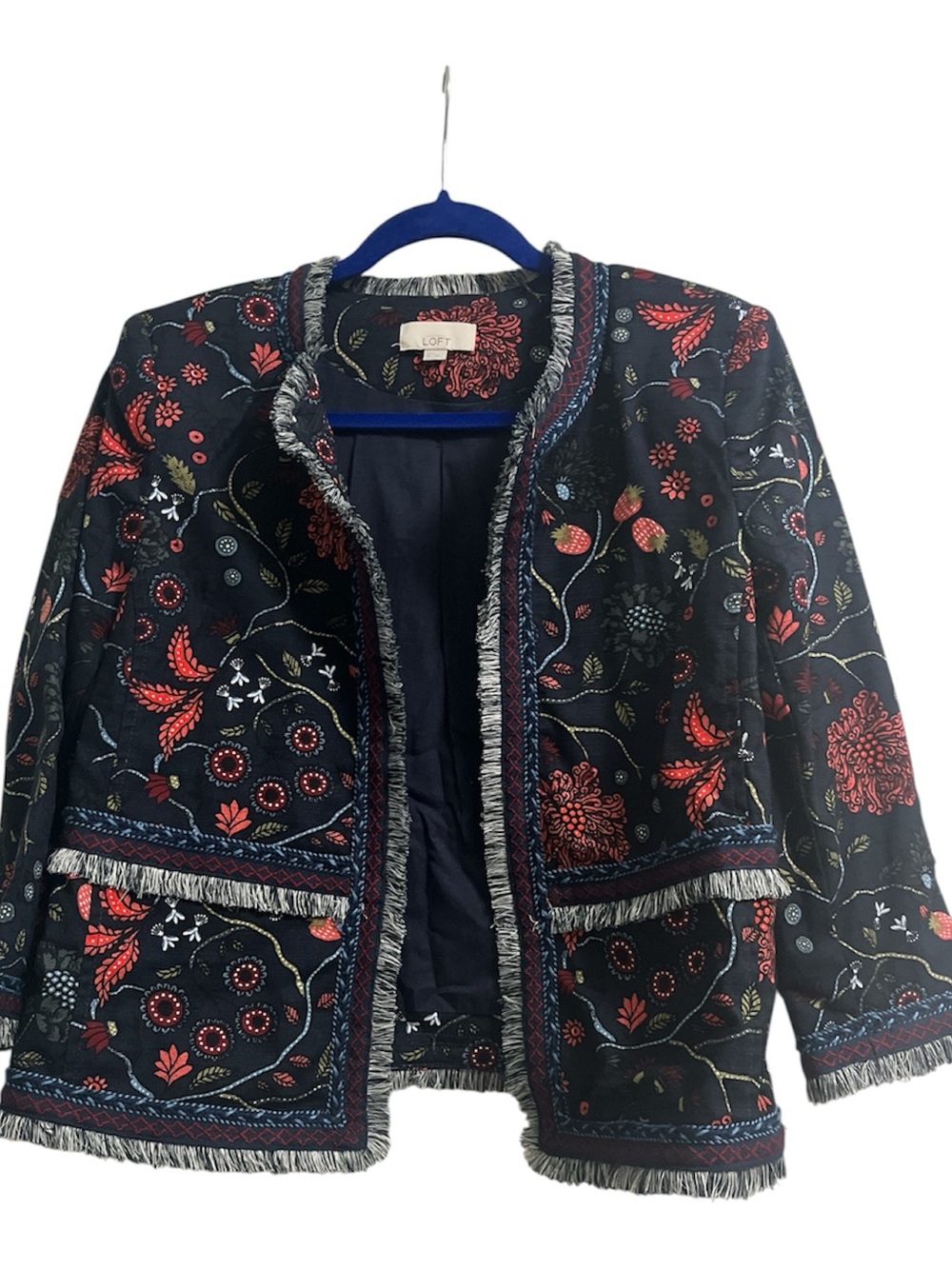 LOFT Navy Floral Fringe Trim Jacket